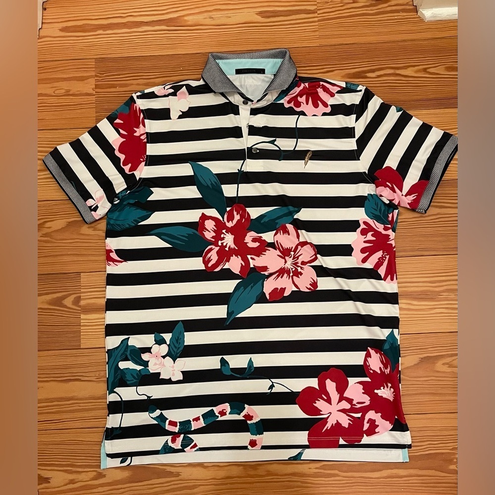 Men's Black & White Stripe Polo with Red Floral Print